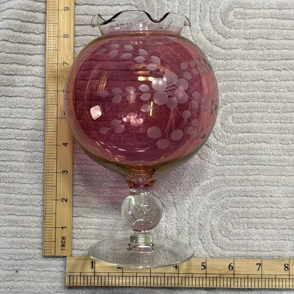 Vintage Cranberry Glass Pedestal Rose Bowl Vase, Etched Flower, Ruffled Rim 8